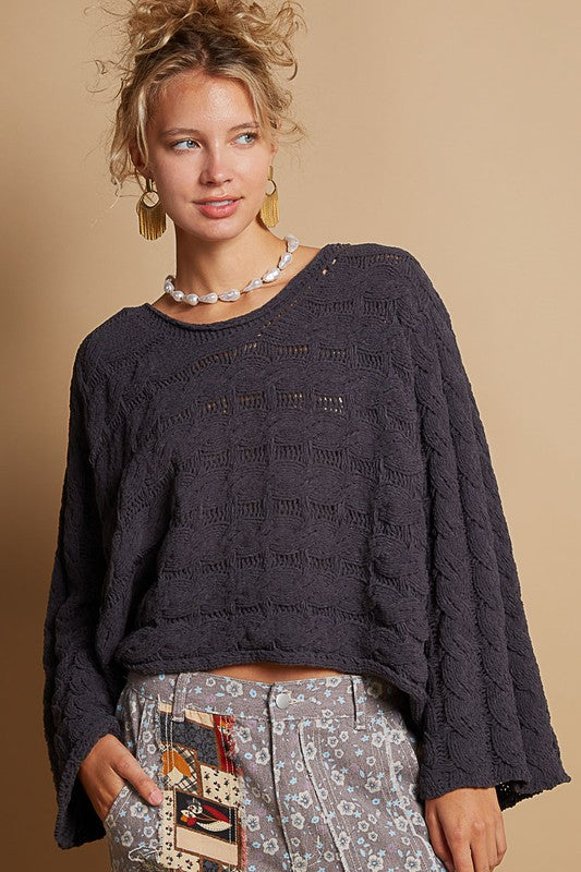 Charcoal Chenille Semi Cropped Flair Sleeve Sweater 