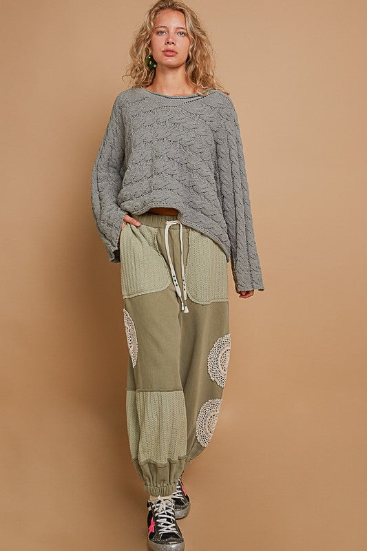 Olive Grey Chenille Semi Cropped Flair Sleeve Sweater 