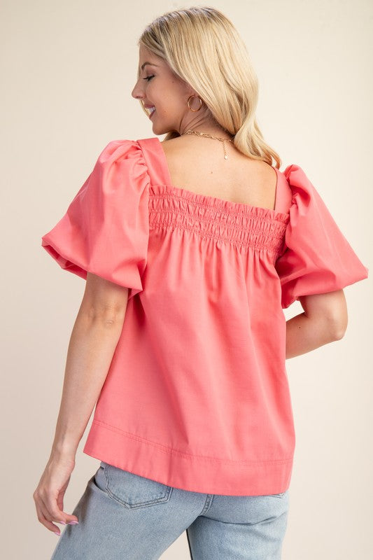 Coral Smocked Short Puff Sleeve Top