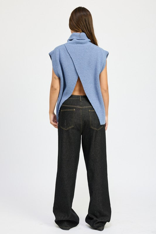 Blue Sleeveless Turtleneck Top with Split Back