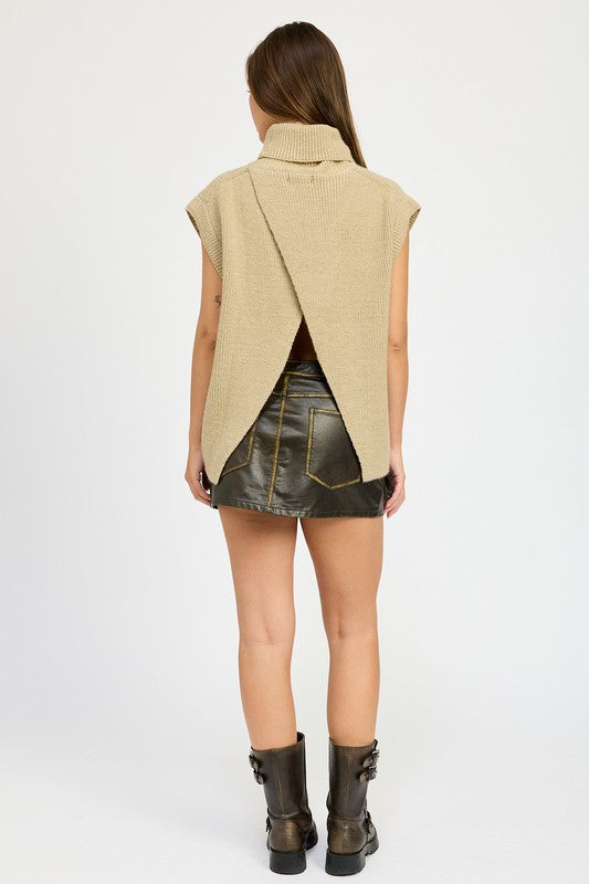 Neutral Sleeveless Turtleneck Top with Split Back