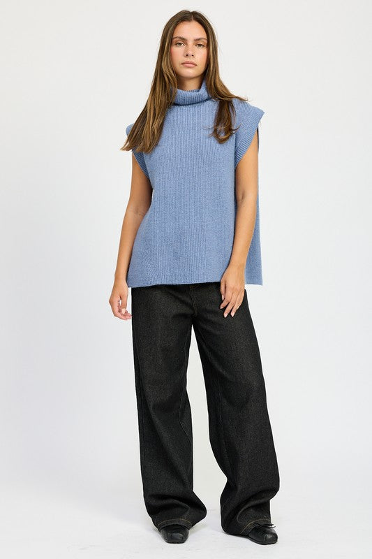 Blue Sleeveless Turtleneck Top with Split Back