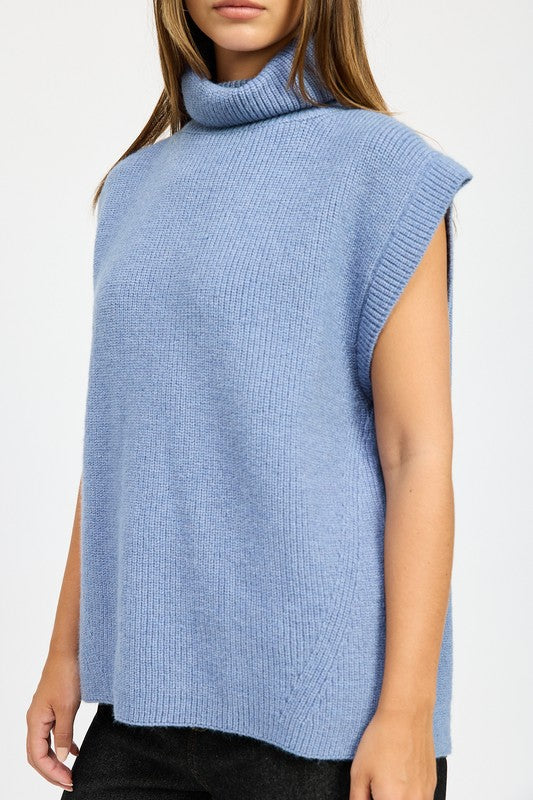 Blue Sleeveless Turtleneck Top with Split Back