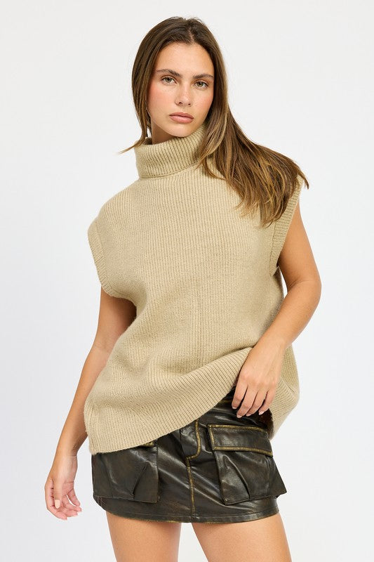 Neutral Sleeveless Turtleneck Top