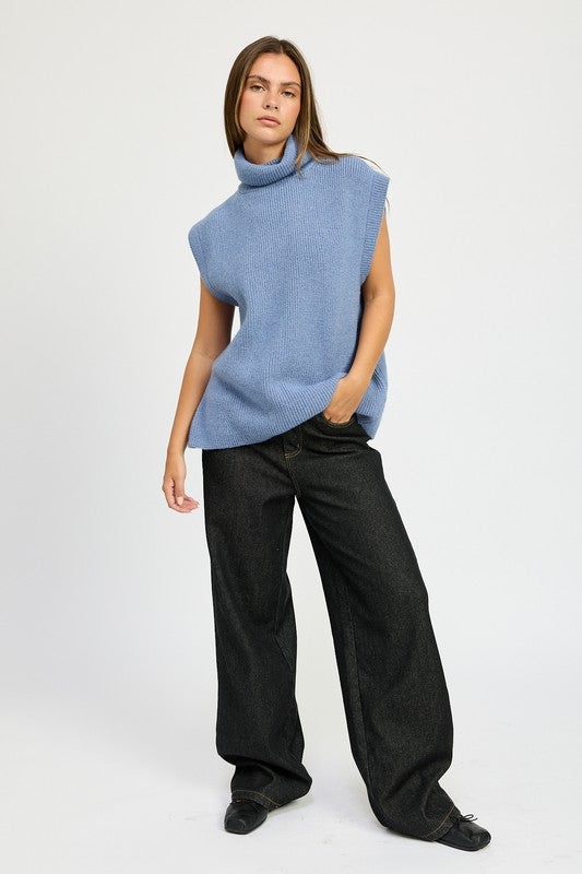 Blue Sleeveless Turtleneck Top with Split Back