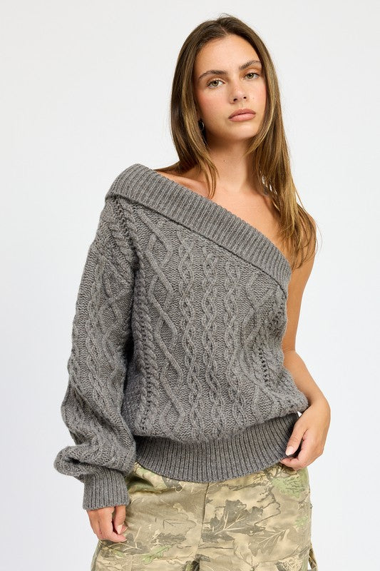 Charcoal One Shoulder Knit Sweater