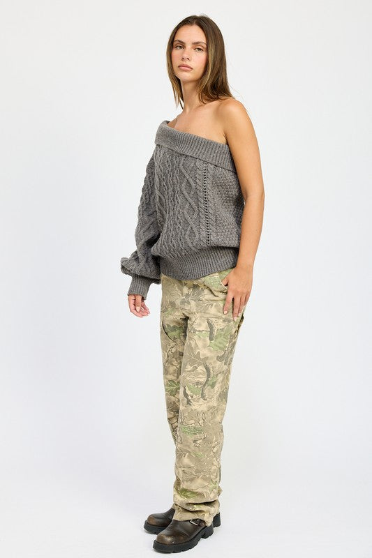 Charcoal One Shoulder Knit Sweater