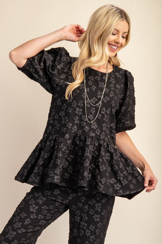 Black Floral Print Jacquard Peplum Top