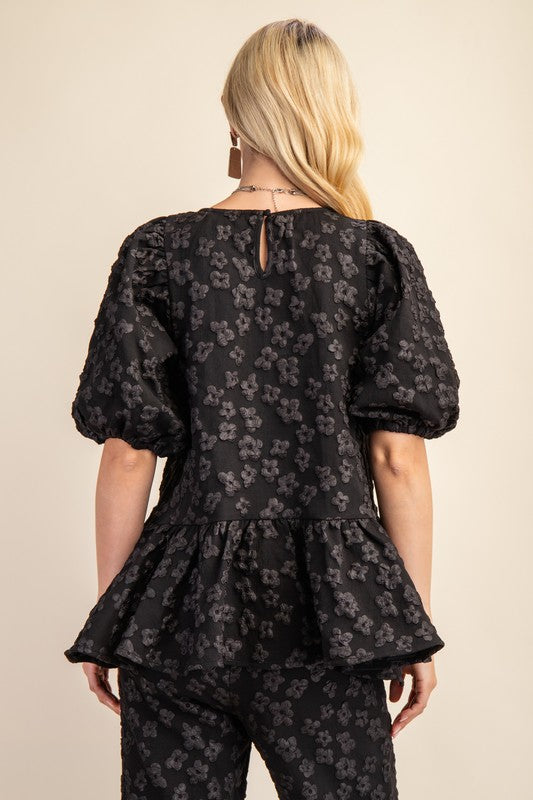 Black Floral Print Jacquard Peplum Top