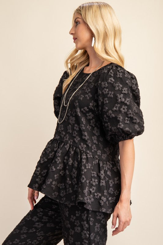 Black Floral Print Jacquard Peplum Top