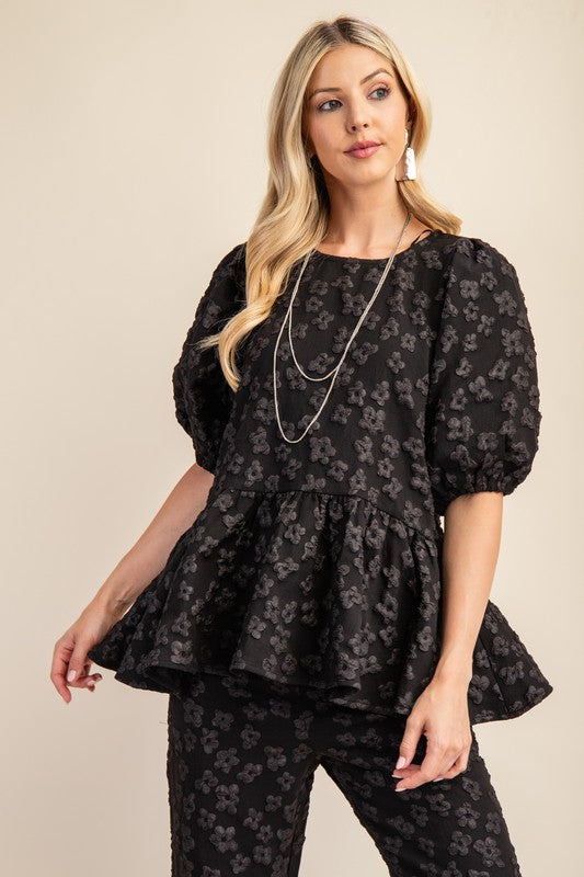 Black Floral Print Jacquard Peplum Top