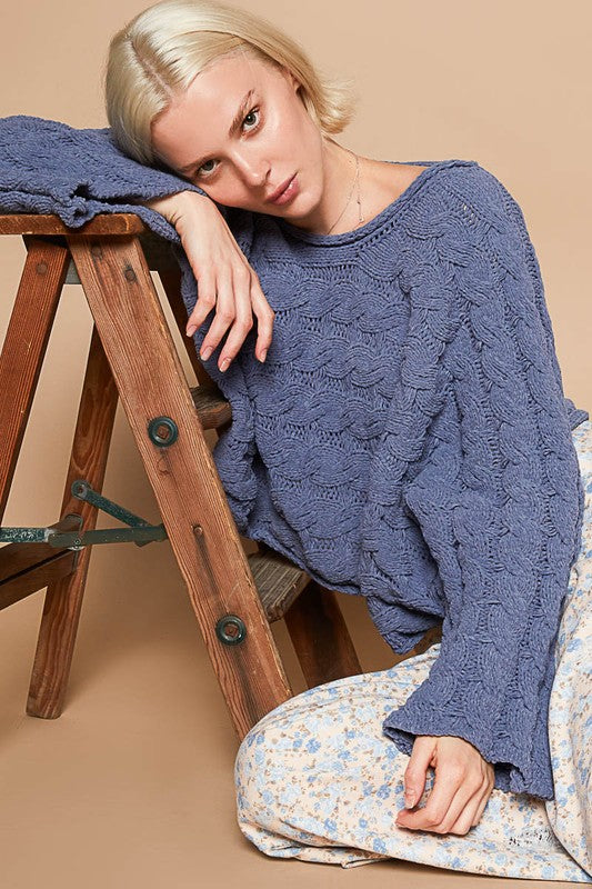 Lapis Blue Chenille Semi Cropped Flair Sleeve Sweater 