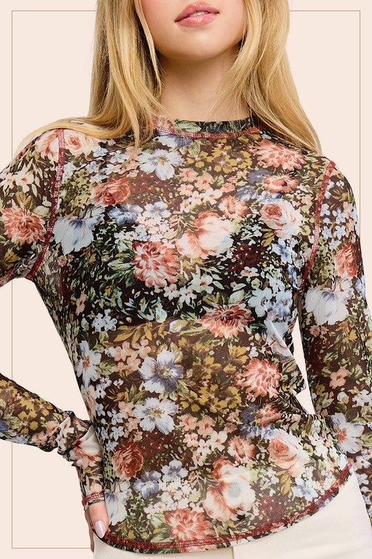 Black Floral Mesh Long Sleeve Top