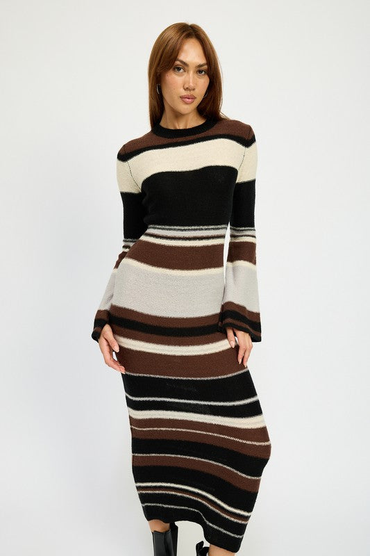 Brown Multi Maxi Bodycon Long Sleeve Dress