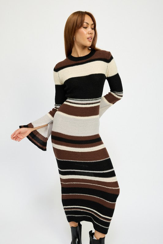 Brown Multi Maxi Bodycon Long Sleeve Dress