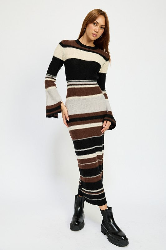 Brown Multi Maxi Bodycon Long Sleeve Dress