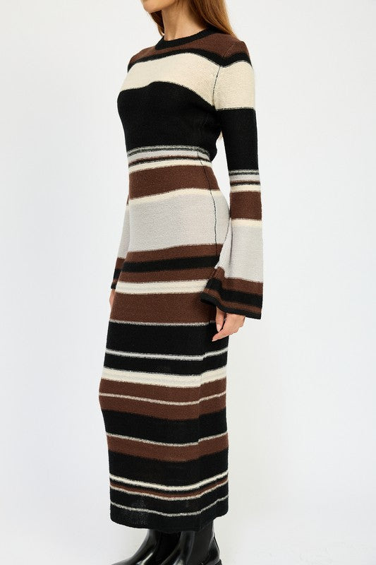 Brown Multi Maxi Bodycon Long Sleeve Dress