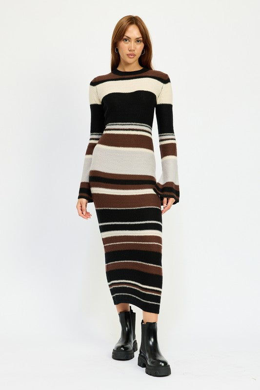 Brown Multi Maxi Bodycon Long Sleeve Dress