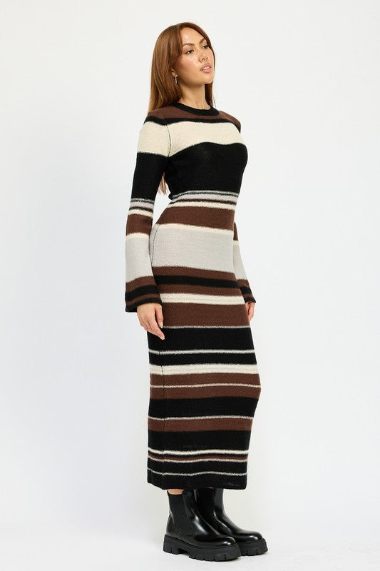 Brown Multi Maxi Bodycon Long Sleeve Dress