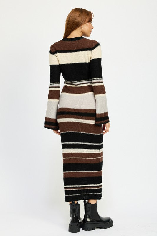 Brown Multi Maxi Bodycon Long Sleeve Dress