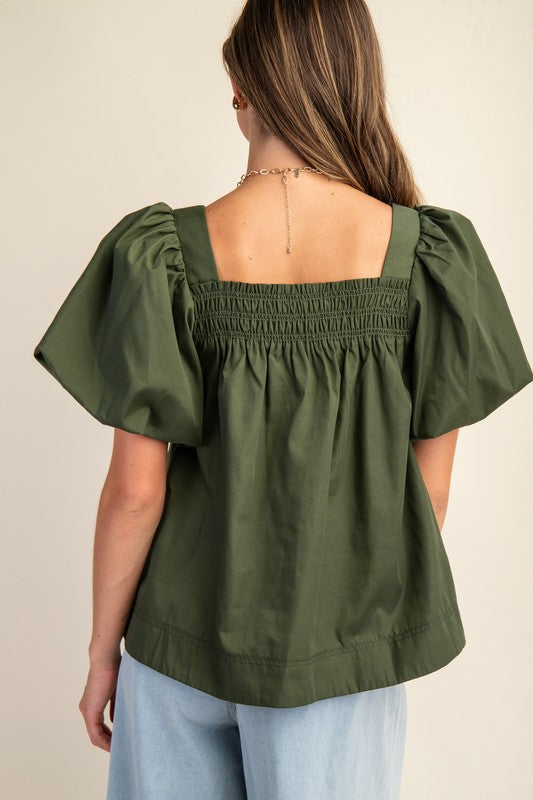 Hunter Green Smocked Short Puff Sleeve Top