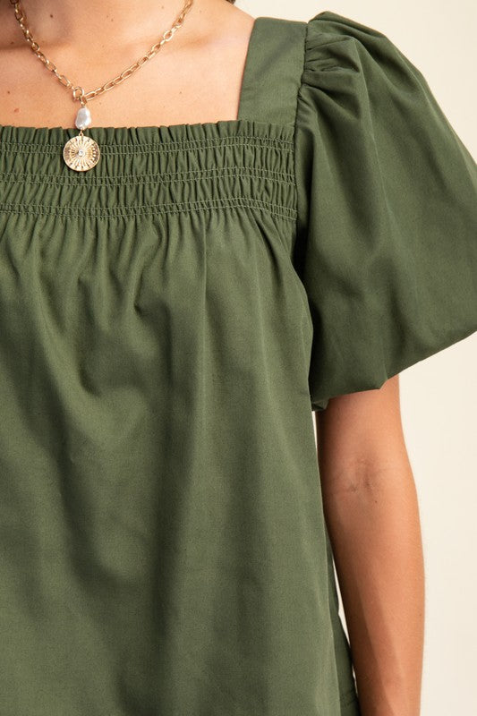 Hunter Green Smocked Short Puff Sleeve Top