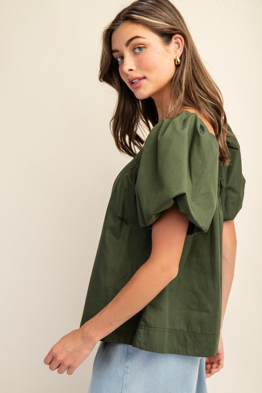 Hunter Green Smocked Short Puff Sleeve Top