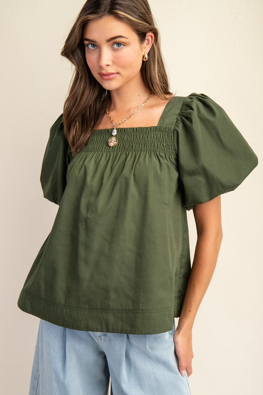 Hunter Green Smocked Short Puff Sleeve Top