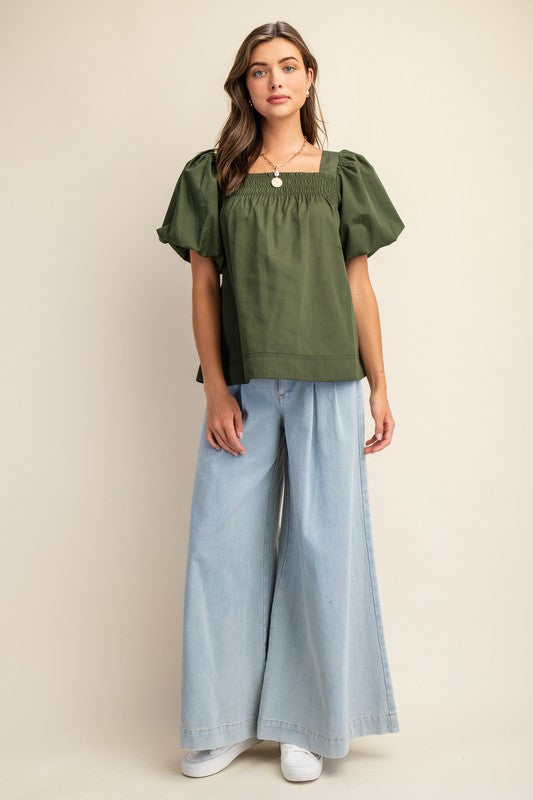 Hunter Green Smocked Short Puff Sleeve Top