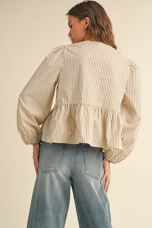 Beige Long Sleeve Tie Front Top