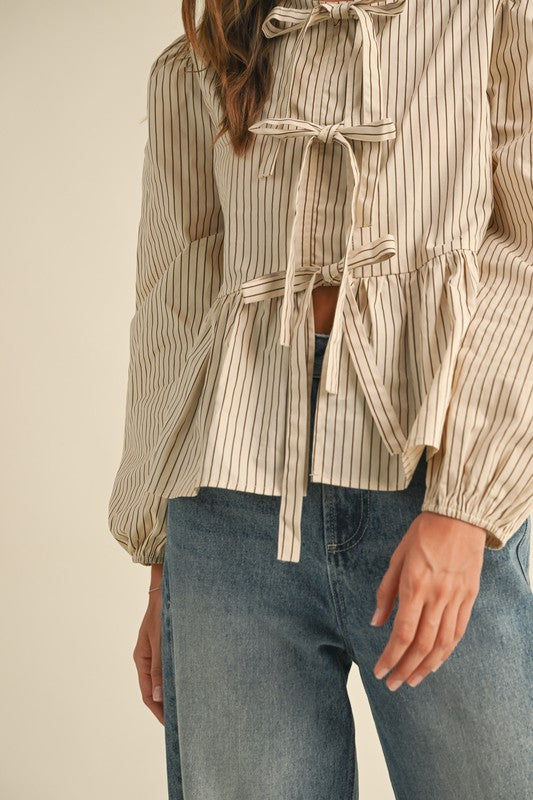 Beige Long Sleeve Tie Front Top