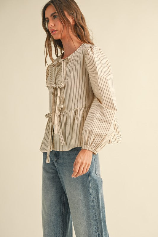 Beige Long Sleeve Tie Front Top