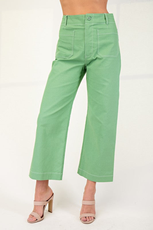 Apple Green Cropped Wide Leg Pants with Contrast Stitching