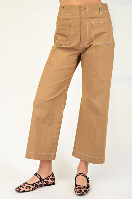 Khaki Cropped Wide Leg Pants with Contrast Stitching