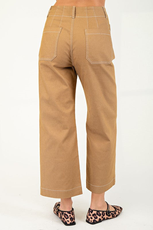 Khaki Cropped Wide Leg Pants with Contrast Stitching