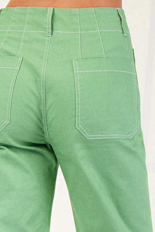 Apple Green Cropped Wide Leg Pants with Contrast Stitching