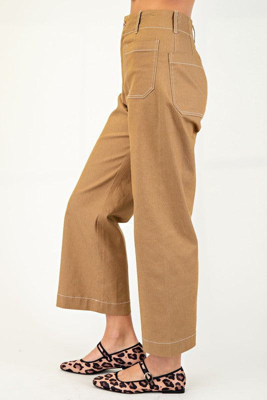 Khaki Cropped Wide Leg Pants with Contrast Stitching