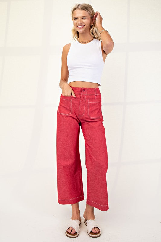 Raspberry Cropped Wide Leg Pants with Contrast Stitching