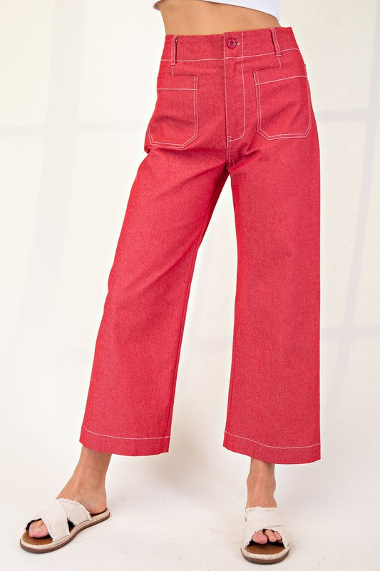 Raspberry Cropped Wide Leg Pants with Contrast Stitching