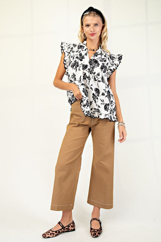 Khaki Cropped Wide Leg Pants with Contrast Stitching