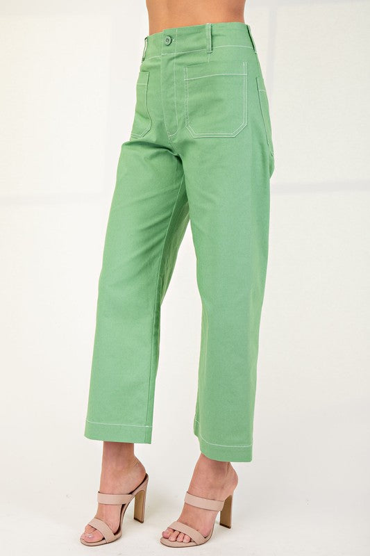 Apple Green Cropped Wide Leg Pants with Contrast Stitching