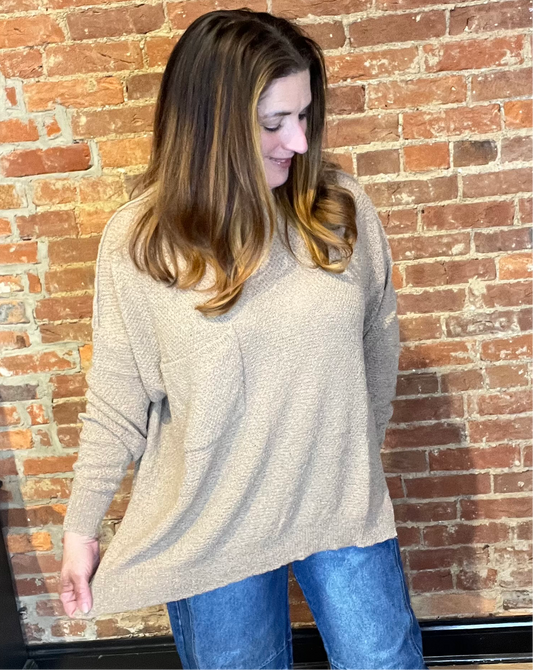 Brown Relaxed Fit Long Sleeve Sweater with Breast Pocket