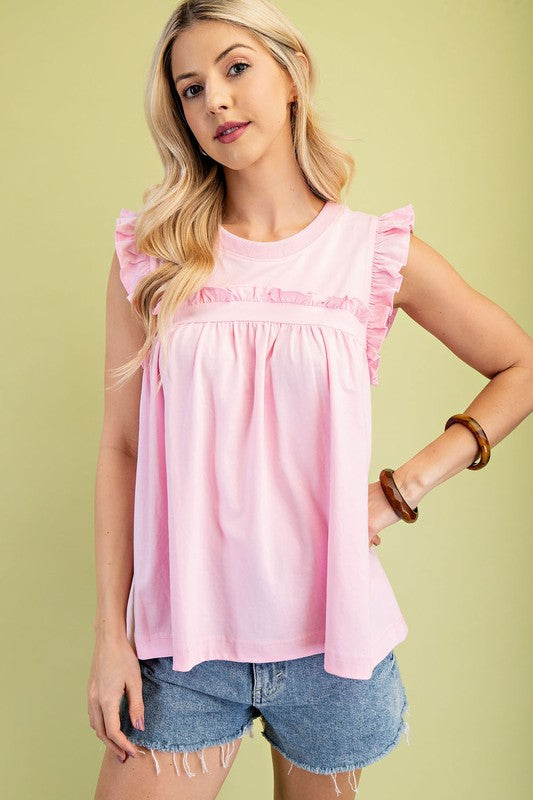 Pink Sleeveless Jersey Knit Top with Ruffle Details