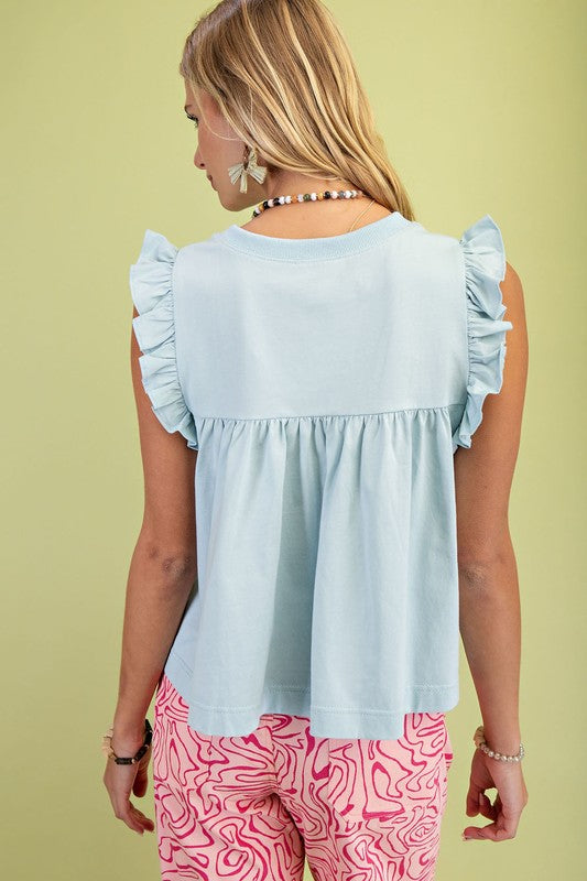 Light Blue Sleeveless Jersey Knit Top with Ruffle Details