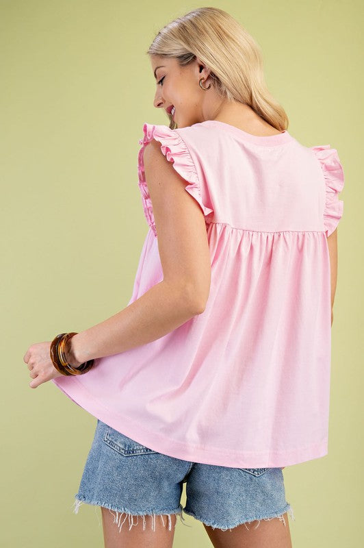 Pink Sleeveless Jersey Knit Top with Ruffle Details