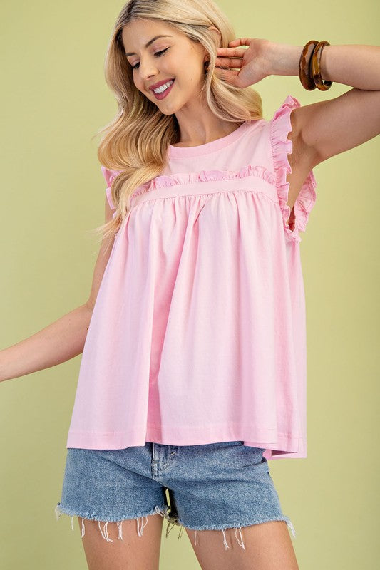 Pink Sleeveless Jersey Knit Top with Ruffle Details