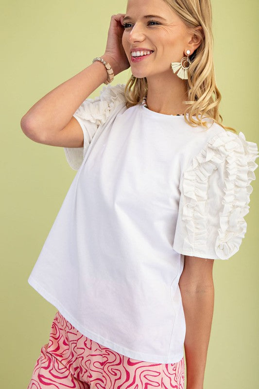 White Round Neck Cotton Puff Sleeve Top