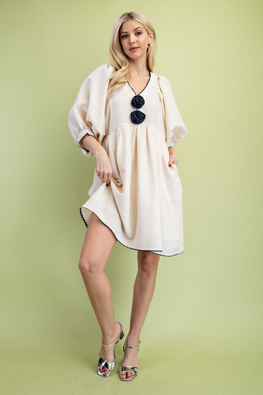 Cream Rosette Adorned V-Neck Mini Dress