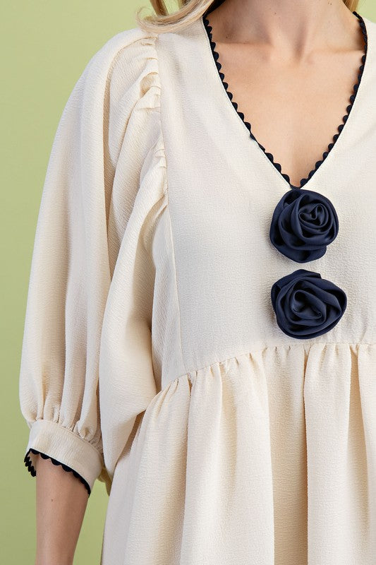 Cream Rosette Adorned V-Neck Mini Dress