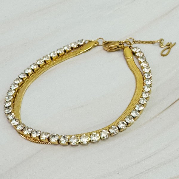 Gold Herringbone and Tennis Bracelet